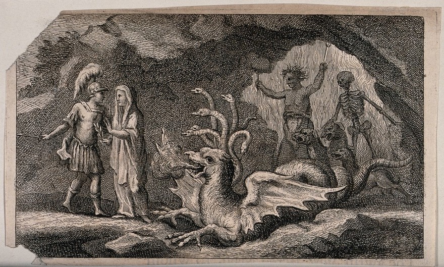 The Cumaean Sibyl leads Aeneas to the underworld: they encounter Cerberus. Etching.