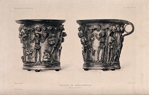 view An ancient drinking cup from Boscoreale decorated with figures of Death in relief: frontal and side views of the same object. Hēliogravure.