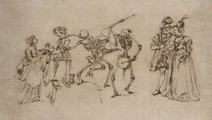 view Dance of death: three music-making and dancing skeletons flanked by two women on the left and a couple on the right. Etching.