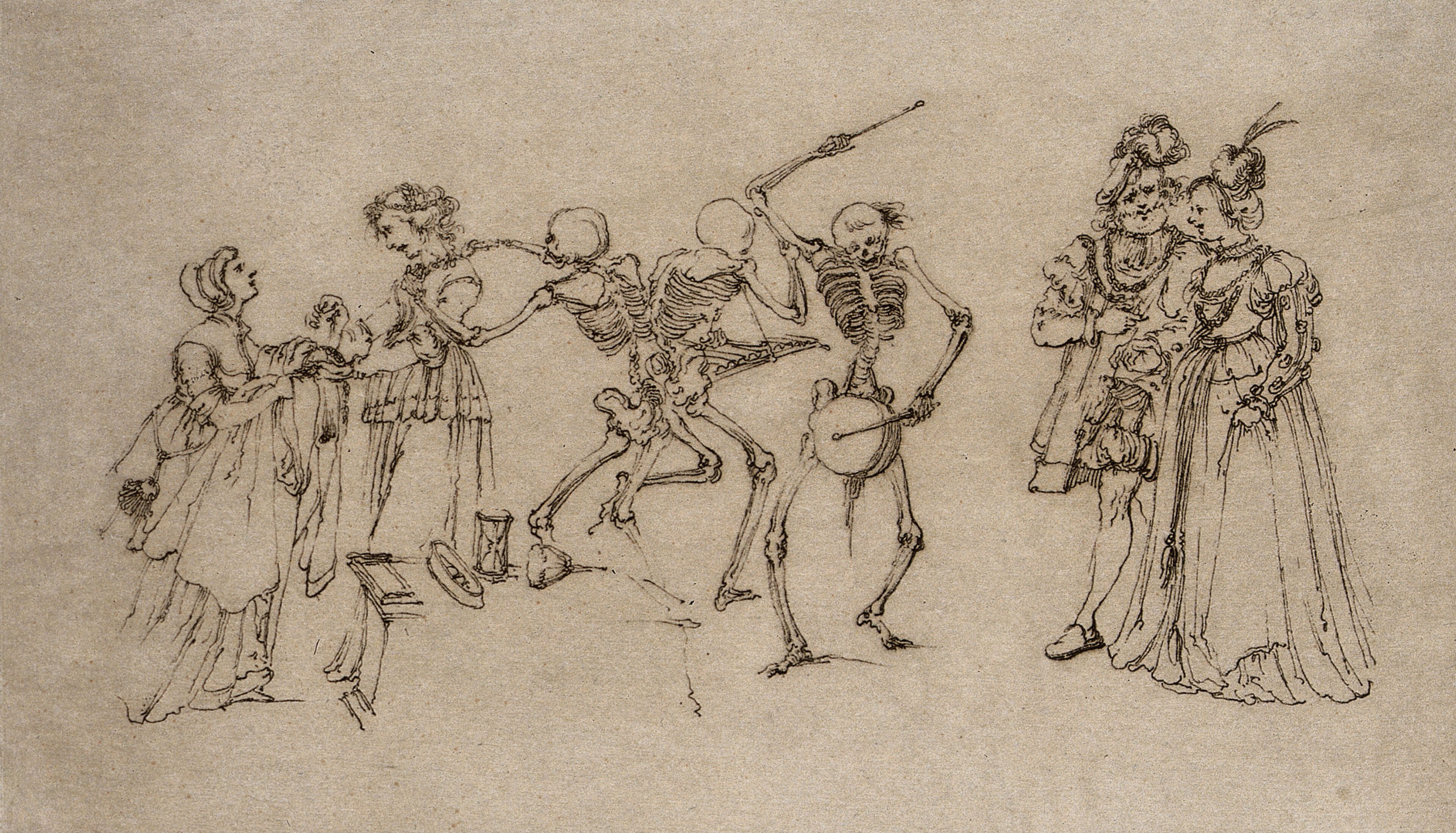 Dance of death: three music-making and dancing skeletons flanked by two women on the left and a couple on the right. Etching.