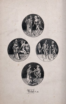 Four circular compositions with scenes from the dance of death. Lithograph after Israhel van Meckenem.