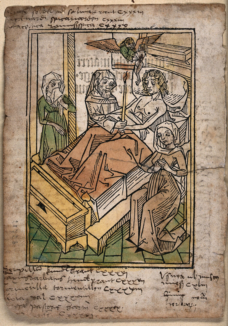 A priest gives a dying man his last rites. Coloured woodcut, 1493 ...