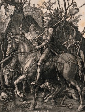 view Death riding side by side with a knight followed by a devil. Etching, 1564, after Albrecht Dürer.