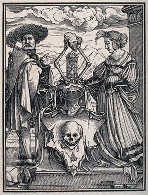 view A coat of arms, depicting a skull, is flanked by a man and a woman. Lithograph after a woodcut.