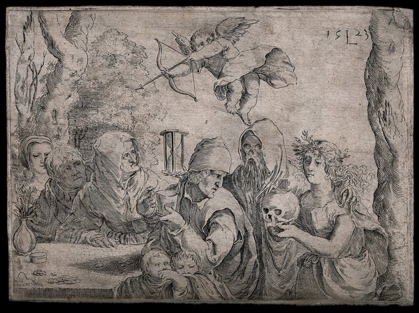 Six people seated at an outdoor table are approached by Death, a young woman holding a skull, and a winged putto. Etching.