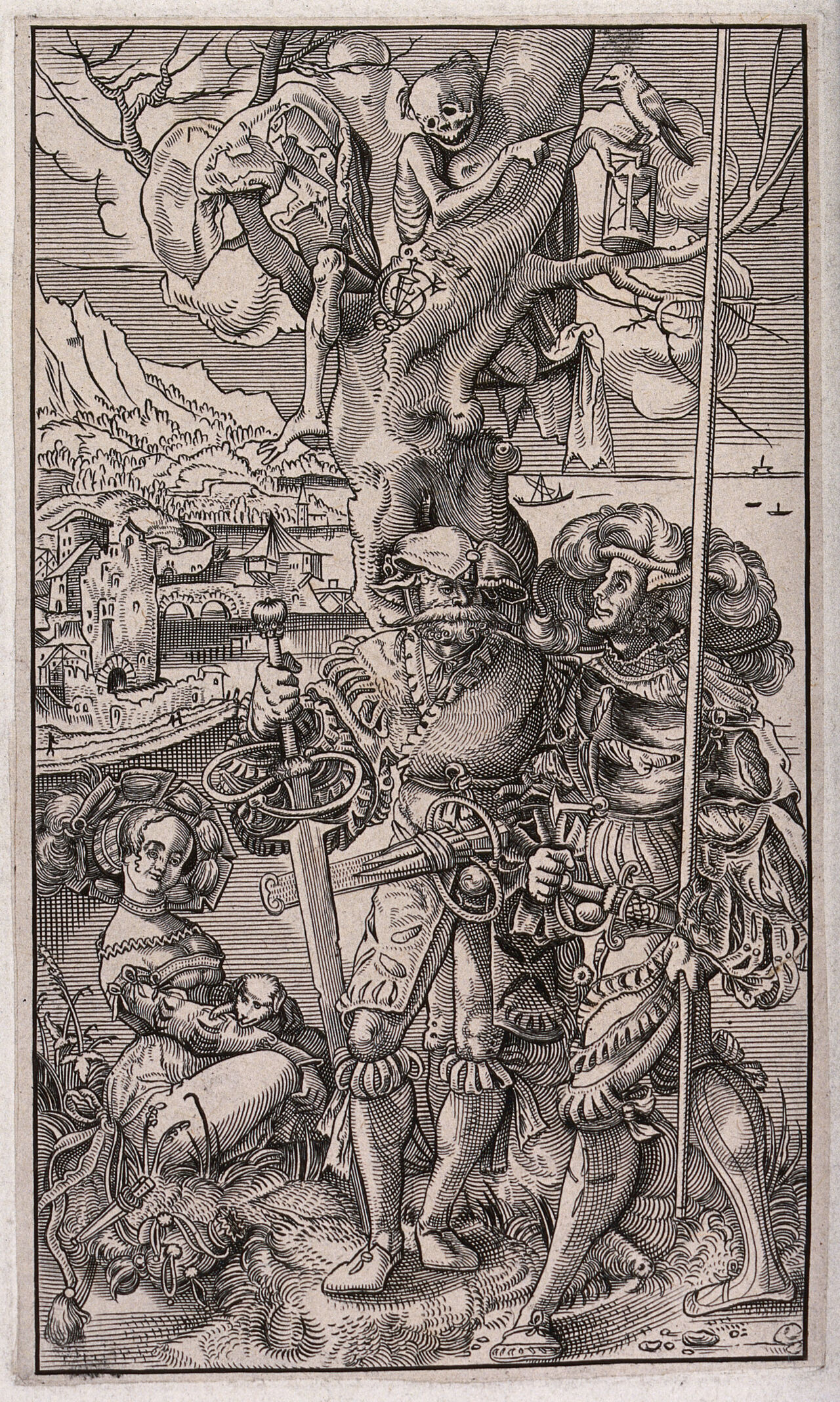 Two mercenary soldiers approach a seated prostitute while Death sits in a tree, pointing to an hourglass. Etching after Urs Graf, 1524., 1524, by Urs Graf senior