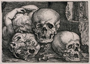 view Three skulls are piled up to form a pyramidal composition on which a dead child partly lies. Heliogravure after S. Beham, 1529.