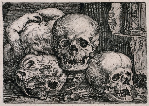 Three skulls are piled up to form a pyramidal composition on which a dead child partly lies. Heliogravure after S. Beham, 1529.