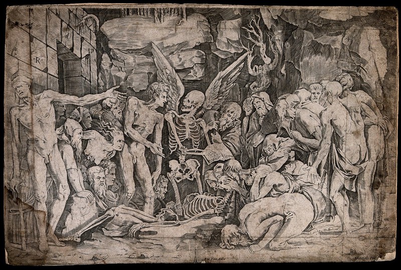 A winged figure of Death stands in front of a prostrate skeleton and tears out the pages of a book while a crowd of people watch him. Etching by Marco Dente (Marco da Ravenna) after Baccio Bandinelli., by Baccio Bandinelli