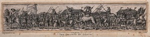 view A military procession of mercenary soldiers, followed by a winged figure of Death on horseback who is accompanied by two skeletal accomplices. Etching by Johann Theodor de Bry after Erhard Schön.