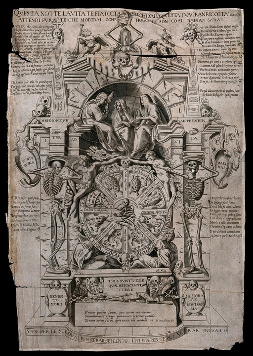 An architectural monument dealing with mortality, including figures and symbols alluding to death. Etching.