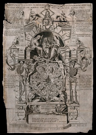 A monument teaching mortality, including figures and symbols alluding to death. Etching by or after G. Fortuna.