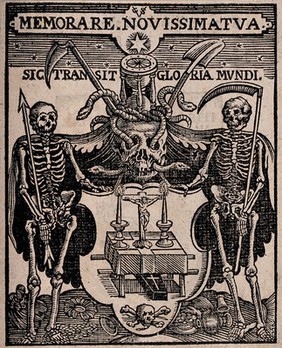 A coat of arms depicting an altar, a coffin and skull and crossbones, is flanked by two figures of death; above, a skull crowned with an hourglass. Woodcut by C. van Sichem.