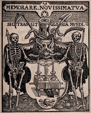 view A coat of arms depicting an altar, a coffin and skull and crossbones, is flanked by two figures of death; above, a skull crowned with an hourglass. Woodcut by C. van Sichem.