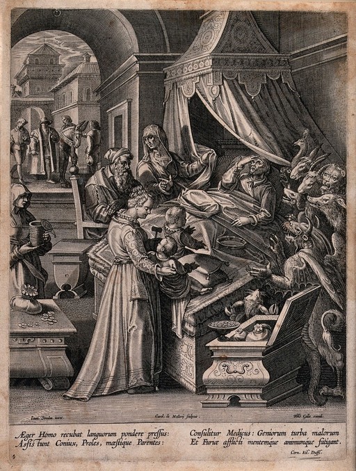 A dying man in bed is surrounded by onlookers and demons. Etching by Karel van Mallery after Jan van der Straet.