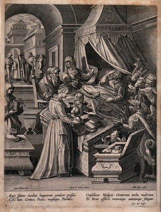 A dying man in bed is surrounded by onlookers and demons. Etching by Karel van Mallery after Jan van der Straet.