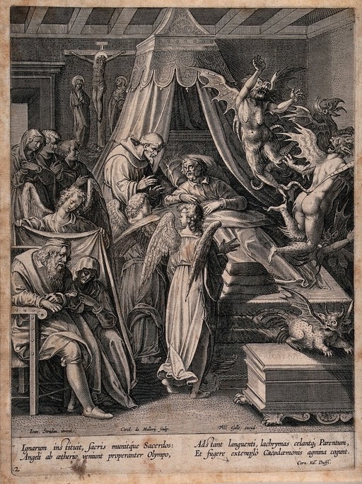 A dying man in bed is given the last rites by a monk who is accompanied by angels. Etching by Karel van Mallery after Jan van der Straet.