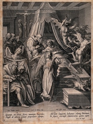 A dying man in bed is given the last rites by a monk who is accompanied by angels. Etching by Karel van Mallery after Jan van der Straet.