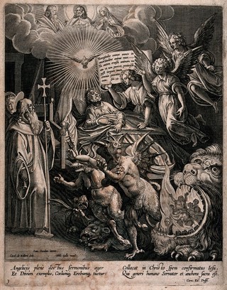 The Holy Ghost in the form of a dove appears as a man lies asleep in bed, causing the demons to flee. Etching by Karel van Mallery after Jan van der Straet.
