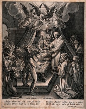 A man dies and his soul ascends to heaven. Etching by Karel van Mallery after Jan van der Straet.