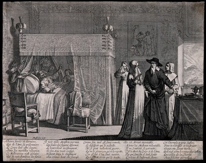 A dying man lies in bed realizing that the doctor cannot cure him. Etching by Abraham Bosse.