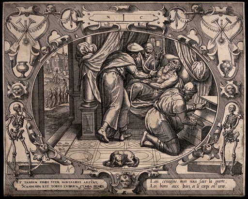 The year 100 of man's life: death. Engraving by Gerhard Groningen, 15--.