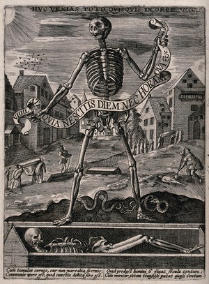 view Death holds a scroll while standing at an open grave. Etching.