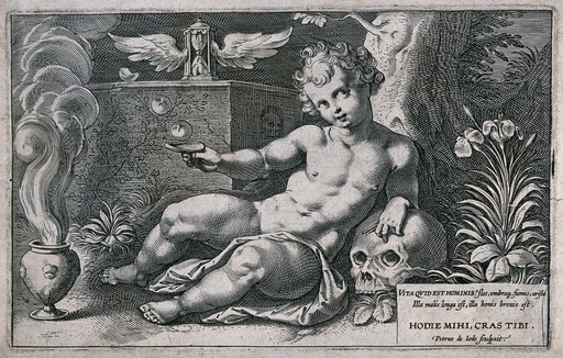 A young boy seated next to an altar dedicated to Death leans on a skull. Etching by Petrus de Jode.