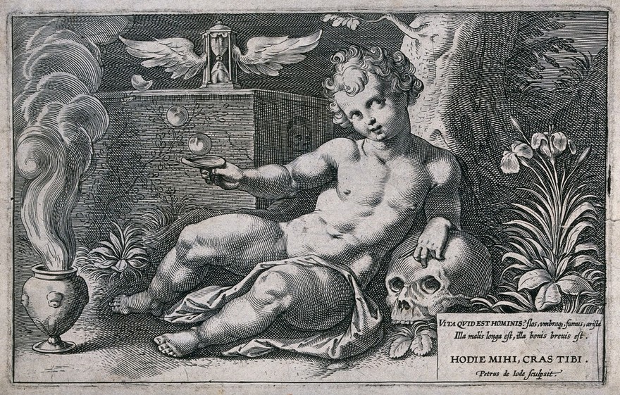 A boy seated next to an altar dedicated to Death leans on a skull. Etching by Petrus de Jode.