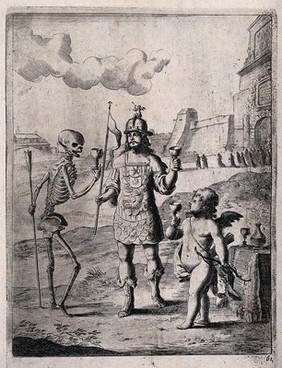 A man in armour has a drink with Death and cupid. Etching.
