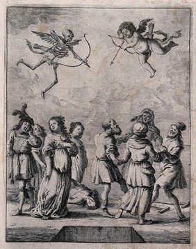 A young figure lies dead on the ground and is surrounded by a group of figures with love and death flying above. Etching.