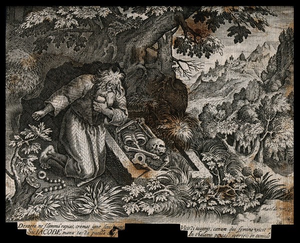 Saint James the hermit beating himself with a stone as he contemplates a skeleton in a tomb. Engraving by G. Piccini after Martin de Vos.