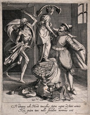 view A man embraces a female figure holding an anchor who is standing on a sack filled with money while Death enters the room. Etching.