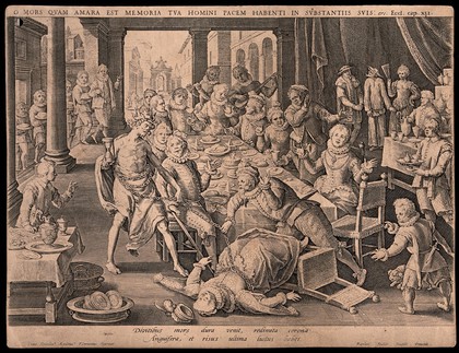 A dinner party is interrupted by the appearance of Death who has captured a lady with his chain. Etching by Raphaël Sadeler after Jan van der Straet.