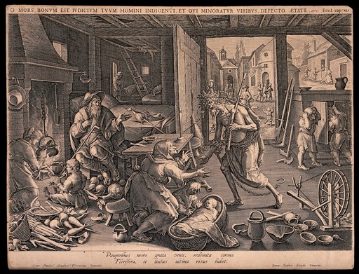 Death visits the paupers' house. Etching by Johan Sadeler after Jan van der Straet.