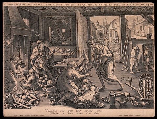 Death visits the paupers' house. Engraving by Johan Sadeler after Jan van der Straet.
