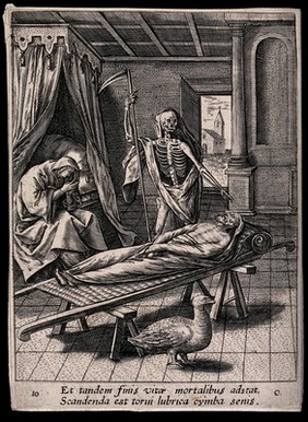 A woman bemoans the death of a man in the presence of the figure of Death. Etching.