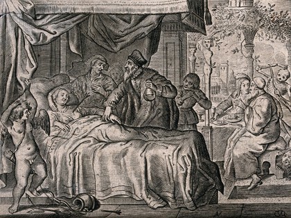 A woman whose chest is pierced by an arrow is being treated by a doctor. Etching by Crispyn van den Queborne after Adriaen Pietersz van de Venne.