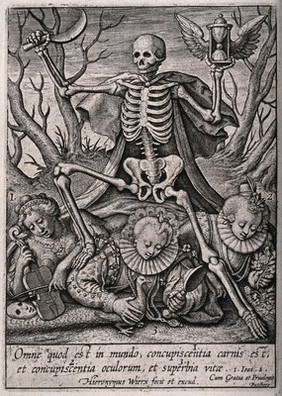 Death tramples on three female allegorical figures representing sensual pleasures. Etching by Hieronymus Wierix.