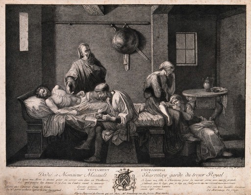A dying man dictates his last will. Etching by Antoine Demarcenay de Ghuy after Nicolas Poussin.