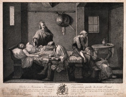 Eudamidas dictating his will on his deathbed, leaving the care of his mother and daughter to two friends. Etching by A. de Marcenay de Ghuy after N. Poussin.