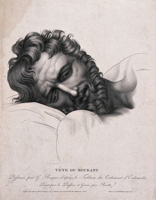The head of the dying Eudamidas. Crayon-manner engraving by L.C. Ruotte the younger, 1810, after G. Roques after Nicolas Poussin.