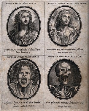 view Four heads representing the souls of people who have given different degrees of attention to spiritual matters. Engraving after R. Sadeler.