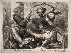 view A fatal fight between two men is caused by a game of cards. Etching by Jan Lievens. Etching.