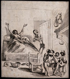 view Death visits a mother and her three newborn babies. Etching after a design attributed to G.F. Barbieri, il Guercino.