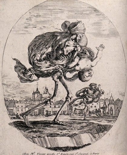 Figures of Death rob a village of its children. Etching by Stefano Della Bella.