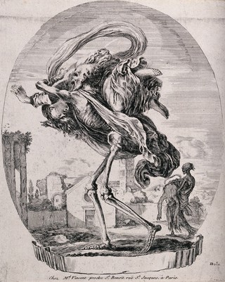 Death carries a woman over his shoulders. Etching by Stefano della Bella.