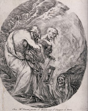 view Figures of Death lead an old and blind man over a cliff. Etching.