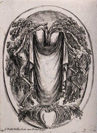 Two skeletons flank a tree to which they attach a large cloth. Etching by Stefano della Bella, 16--.