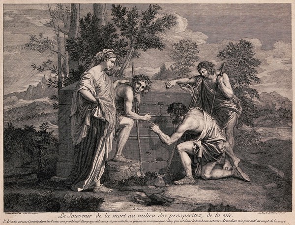 Four figures contemplate the inscription on a tomb in Arcadia. Etching by Etienne Picart after Nicolas Poussin, 1653.